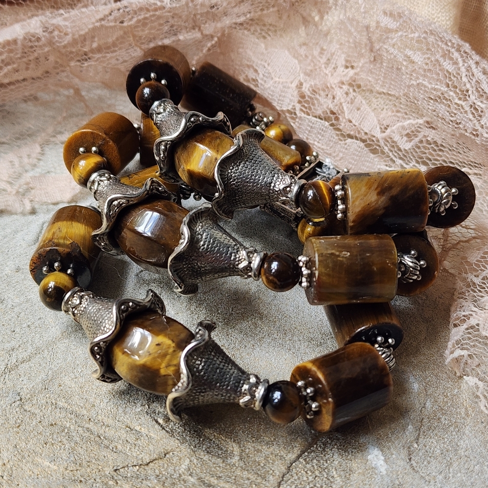 Heavy Silver Plated Bracelet Stacking Natural Tig… - image 2